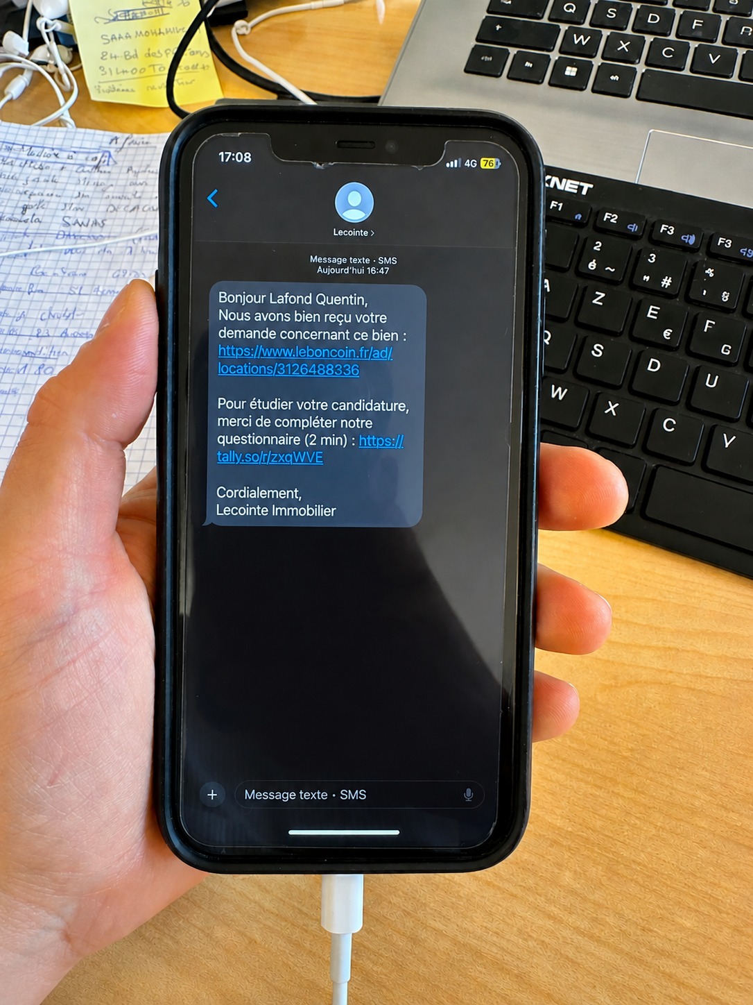 SMS reçu par un candidat de la part de LECOINTE avec rappel d'annonce et lien questionnaire